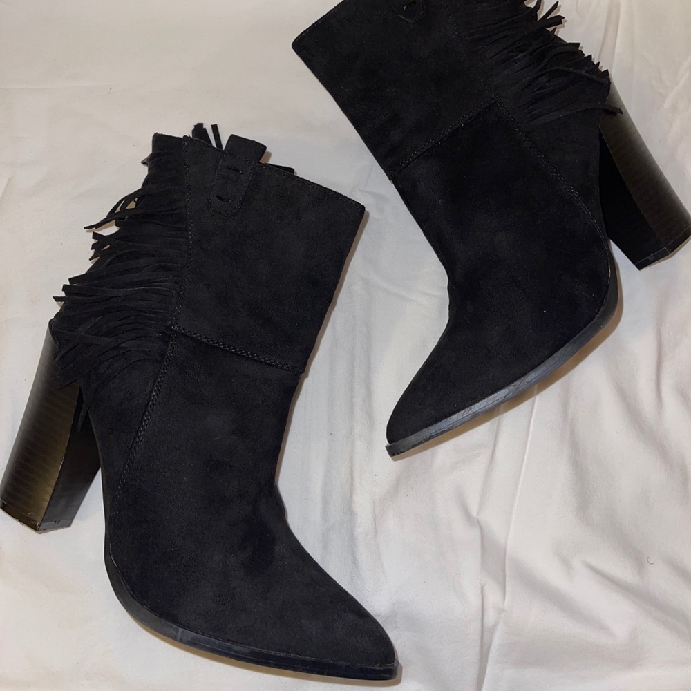 JustFab "Kaiya" Black Suede Ankle Boots w/ Fringe